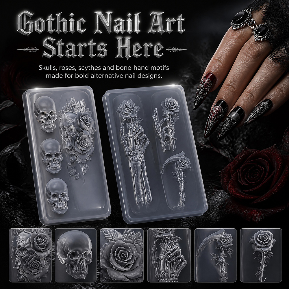 2Pcs Set Dark Rose Skull Silic - Nail Art Vintage recension och pris