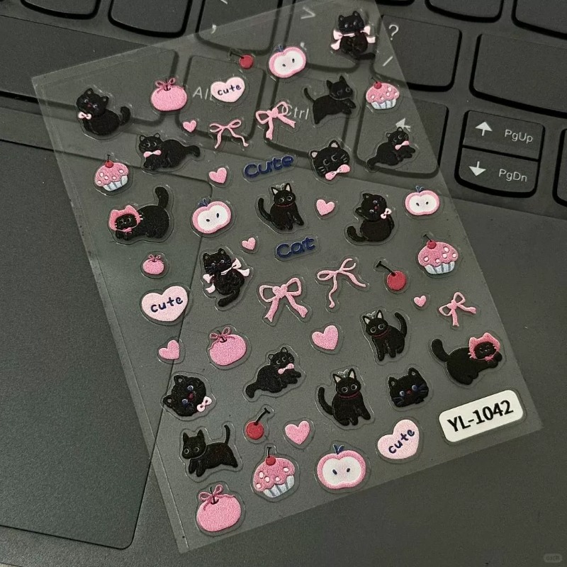 Cute Cartoon Bow Black Cat 3D  - Nail Art Vintage recension och pris